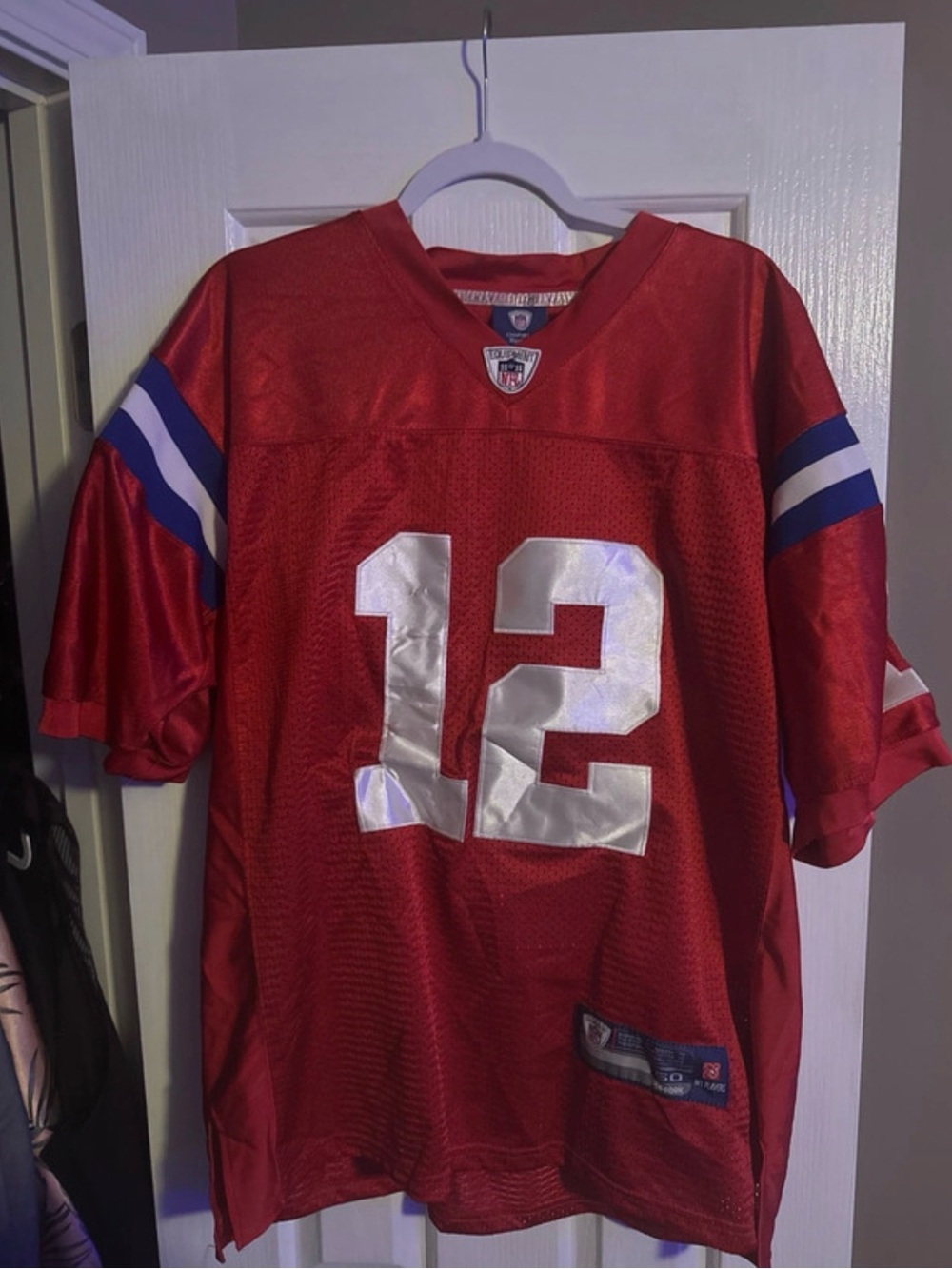 Reebok Red Football Jersey with White 12 and Blue Arm Stripes Men’s size 50